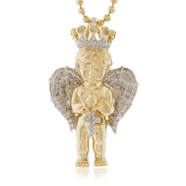 14k Yellow Gold .51ct Diamond Angel and Cross Pendant