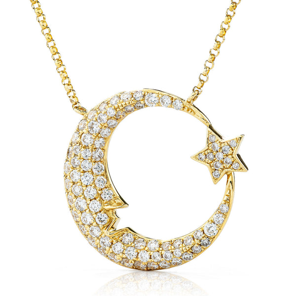 18k Yellow Gold 0.94ct Diamond Moon and Star Necklace