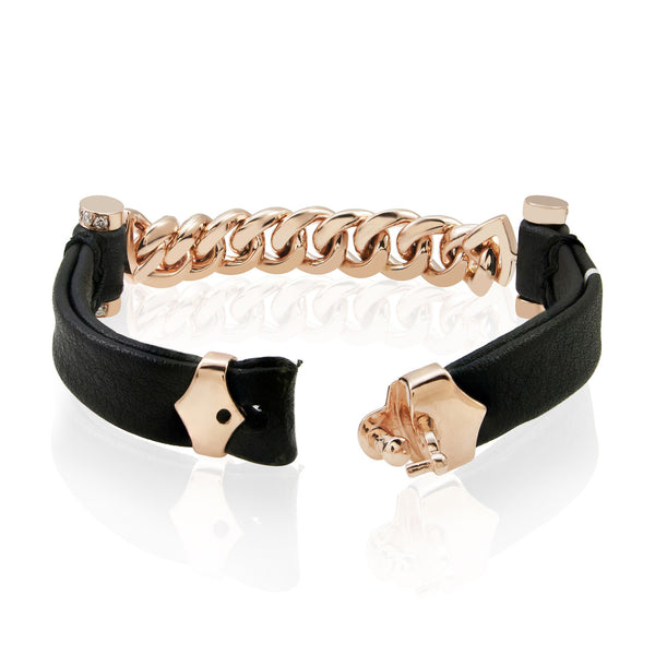 14k Rose Gold 1.25ct Diamond Leather Cuban Link Bracelet
