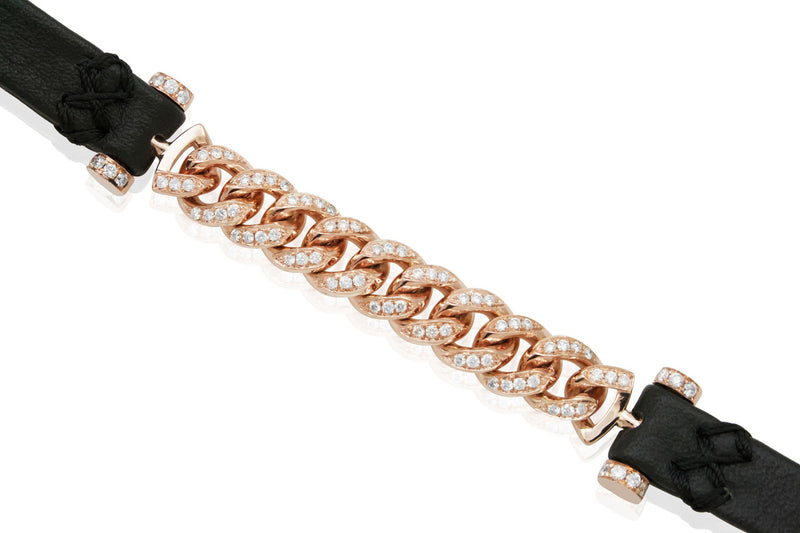 14k Rose Gold 1.25ct Diamond Leather Cuban Link Bracelet