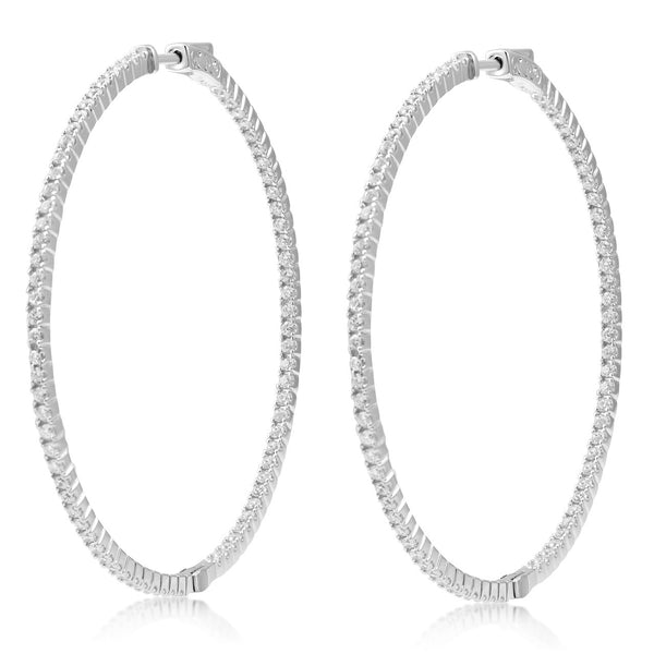 Sterling Silver With Single Row Small White Sapphire Hoop Earrings
