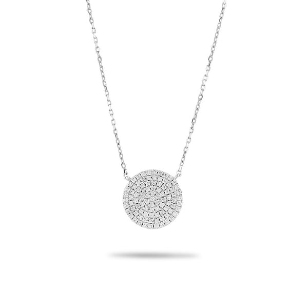 14k White Gold Cluster Diamond Disc Necklace