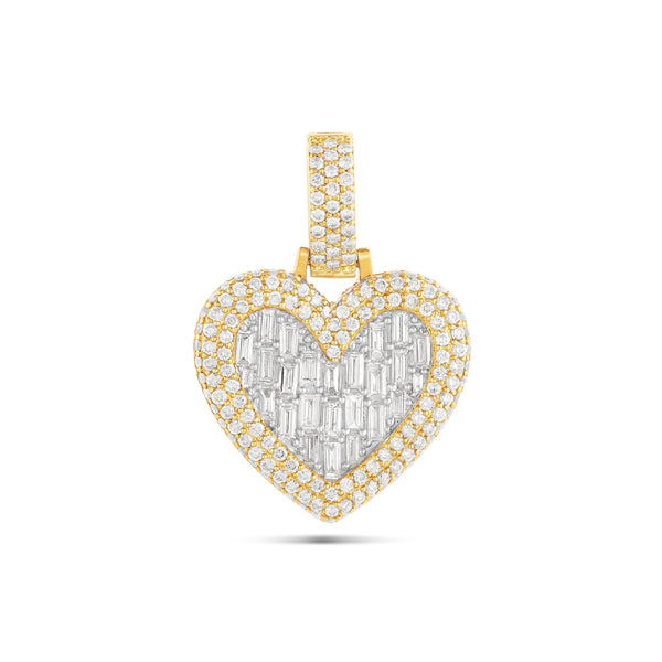 Baguette & Round Diamond Heart Pendant with Bubble Border