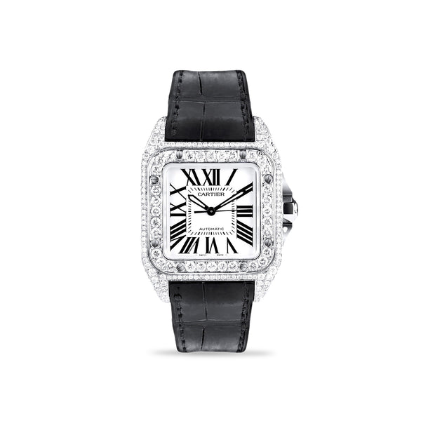 Cartier Santos 100 Stainless Steel Diamond Watch Leather Band