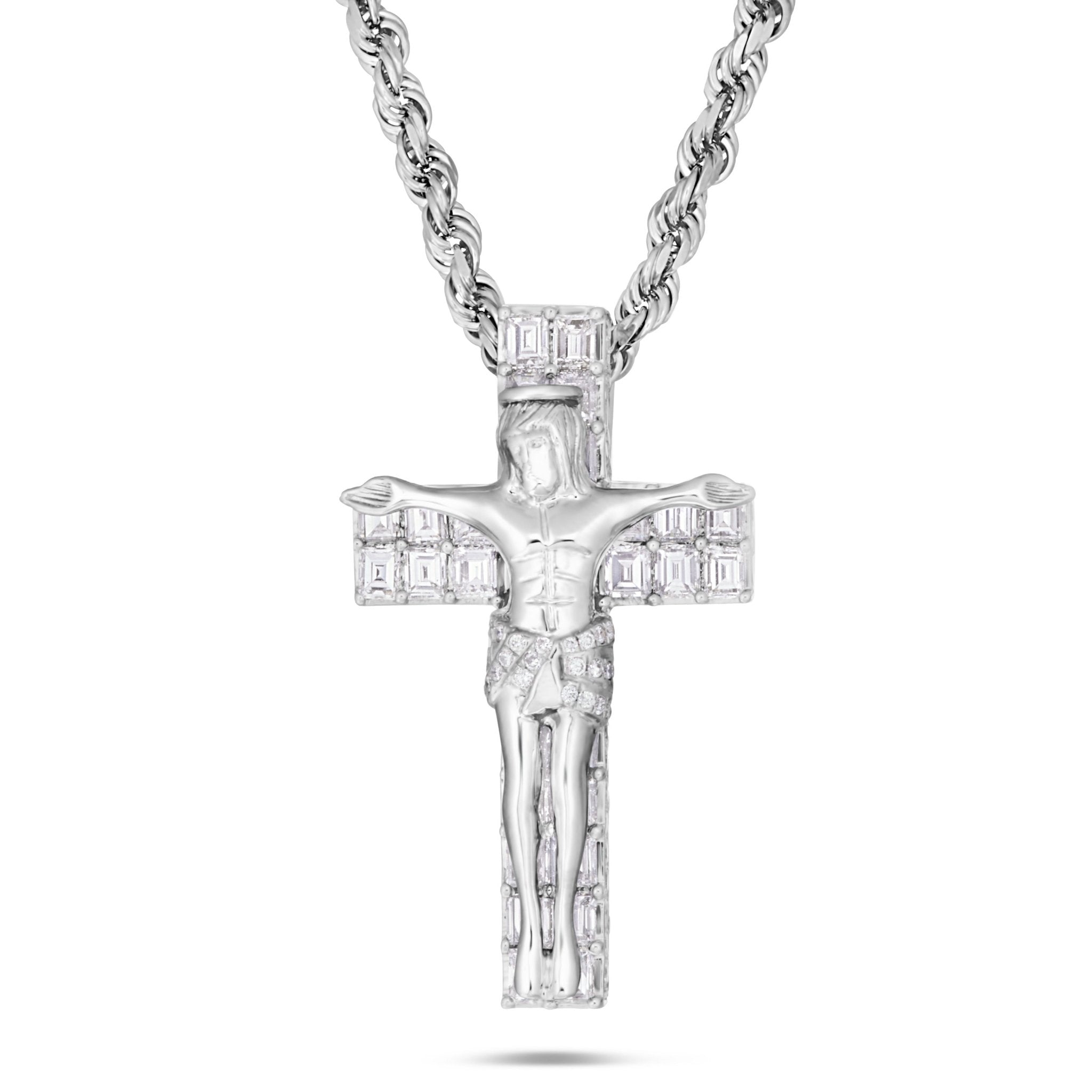 14K White Gold 5.41ct Emerald Diamond Crucifix Pendant – SHYNE