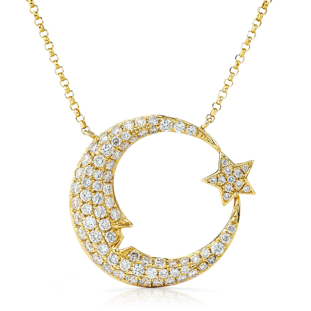 18k Yellow Gold 0.94ct Diamond Moon and Star Necklace
