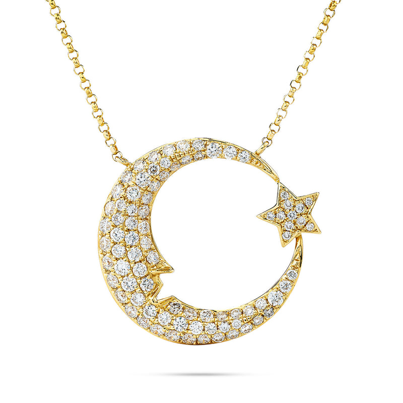 18k Yellow Gold 0.94ct Diamond Moon and Star Necklace