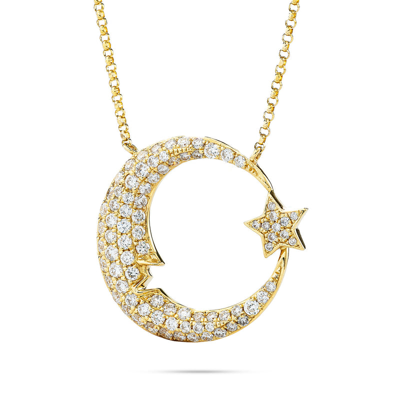 18k Yellow Gold 0.94ct Diamond Moon and Star Necklace