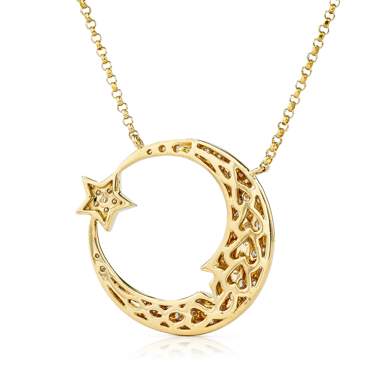 18k Yellow Gold 0.94ct Diamond Moon and Star Necklace