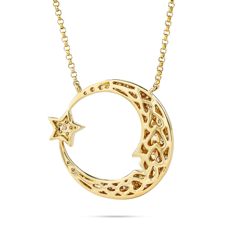 18k Yellow Gold 0.94ct Diamond Moon and Star Necklace