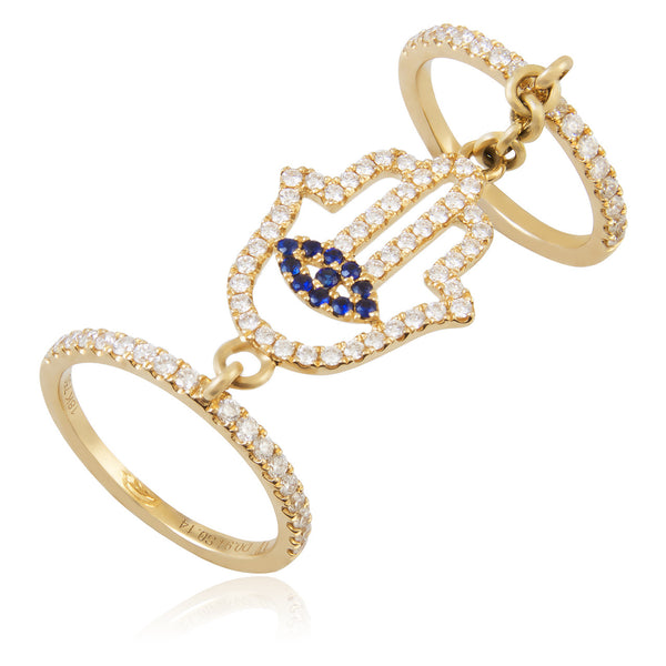 18k Yellow Gold 1.08ct Diamond Sapphire Hamsa Ring