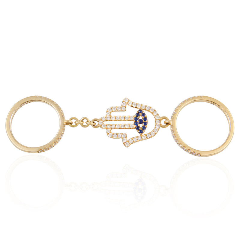 18k Yellow Gold 1.08ct Diamond Sapphire Hamsa Ring