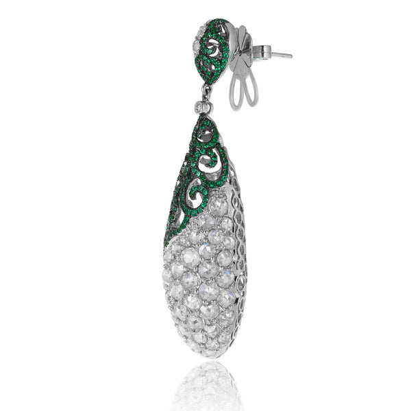 18K White Gold 14.39ct Diamond and Emerald Drop Earrings