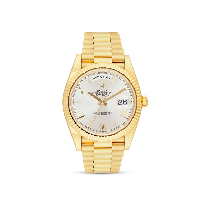 Rolex Day-Date 40 Yellow Gold Silver Roman Dial & Fluted Bezel President Bracelet