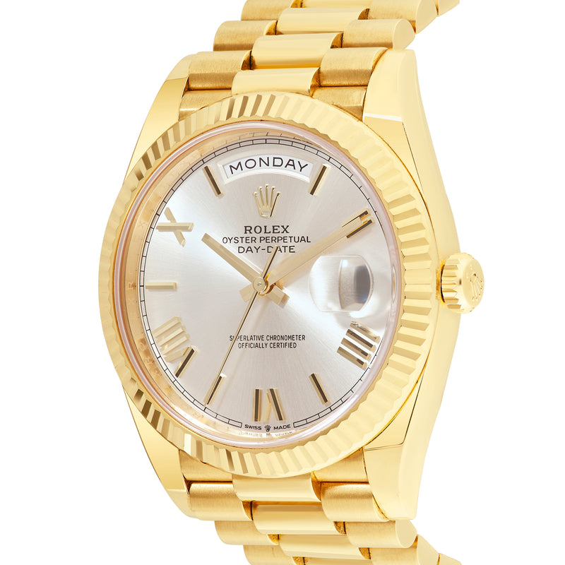 Rolex Day-Date 40 Yellow Gold Silver Roman Dial & Fluted Bezel President Bracelet