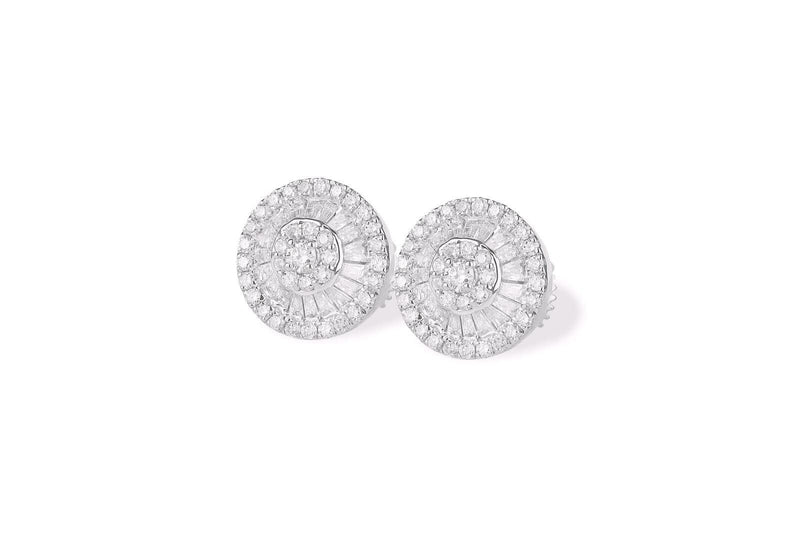 10k Gold Diamond Halo Stud Earrings with Baguette Diamonds