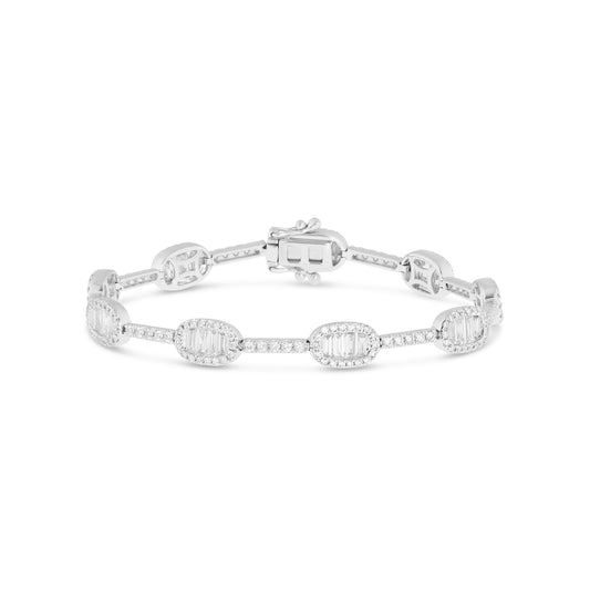 18k White Gold Baguette & Round Diamond Oval Tennis Bracelet