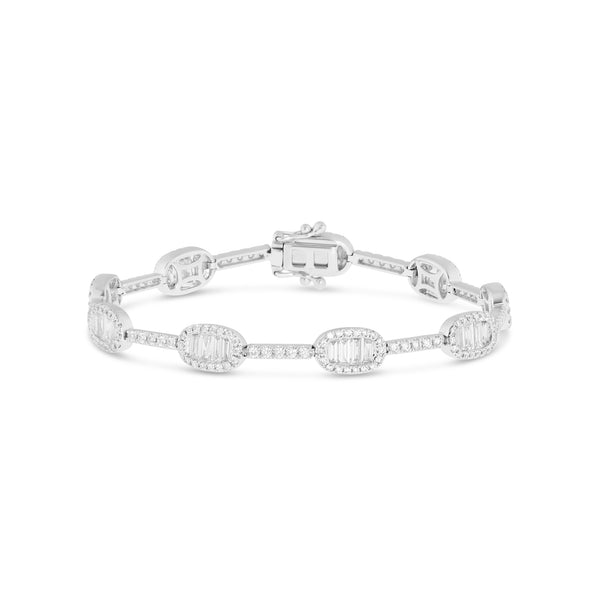 18k White Gold Baguette & Round Diamond Oval Tennis Bracelet