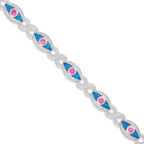 10K White Gold Evil Eye Pink and Blue Diamond Bracelet