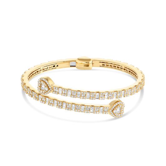 Baguette & Round Cut Diamond Open Cuff Heart Bangle Bracelet