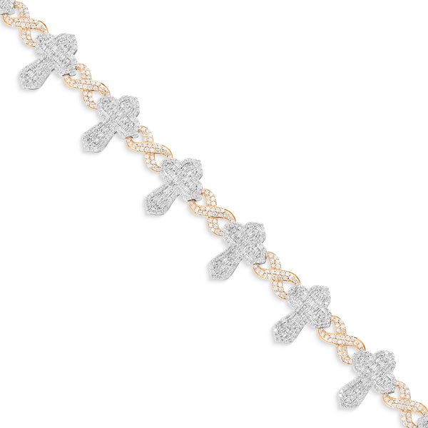 Two-Tone Gold Baguette and Round Diamond Infinity and Cross Motif Link Bracelet