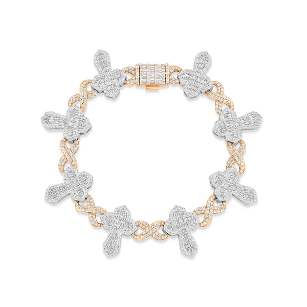 Two-Tone Gold Baguette and Round Diamond Infinity and Cross Motif Link Bracelet