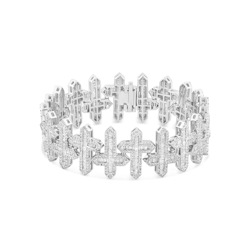 14k White Gold Baguette and Round Diamond Cross Motif Link Bracelet