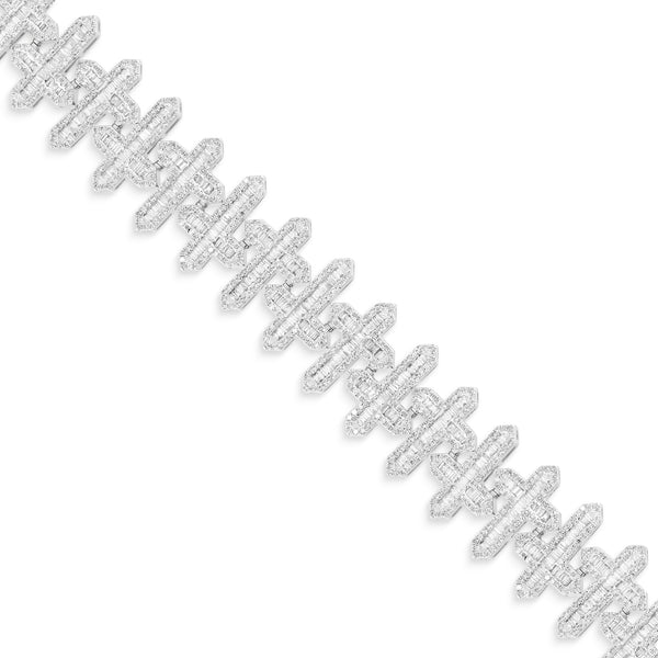 14k White Gold Baguette and Round Diamond Cross Motif Link Bracelet