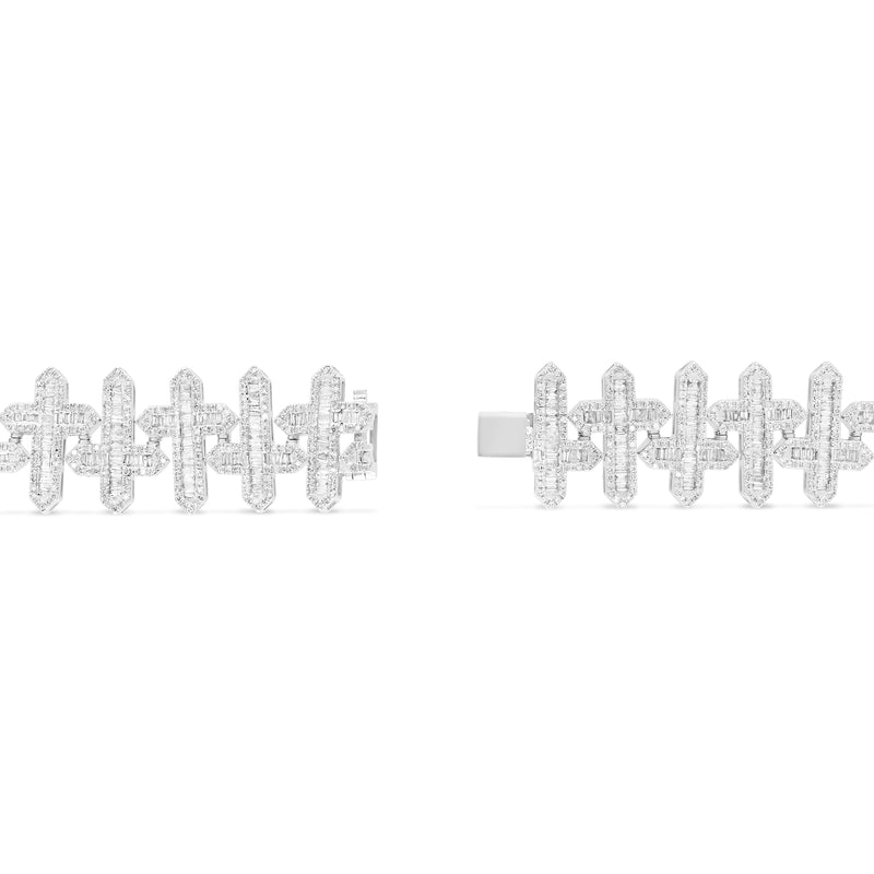 14k White Gold Baguette and Round Diamond Cross Motif Link Bracelet