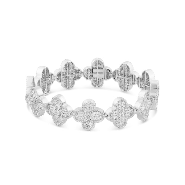 14k White Gold Baguette and Round Diamond Clover Motif Link Bracelet