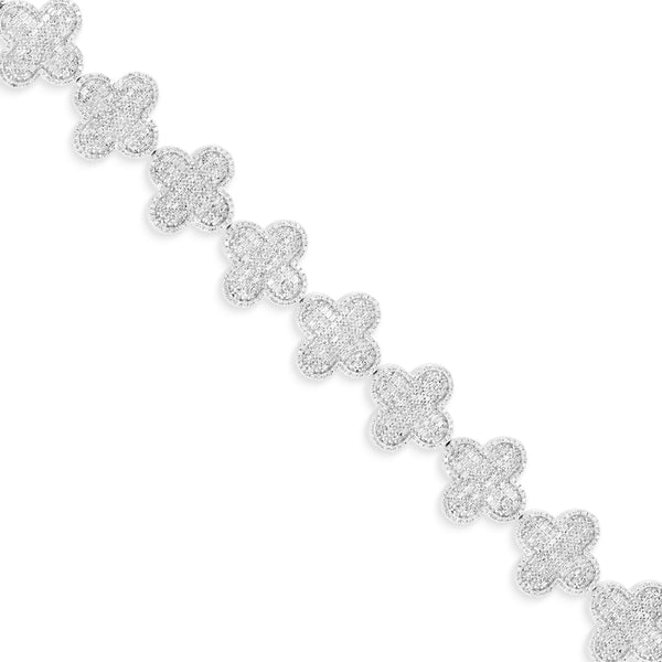 14k White Gold Baguette and Round Diamond Clover Motif Link Bracelet
