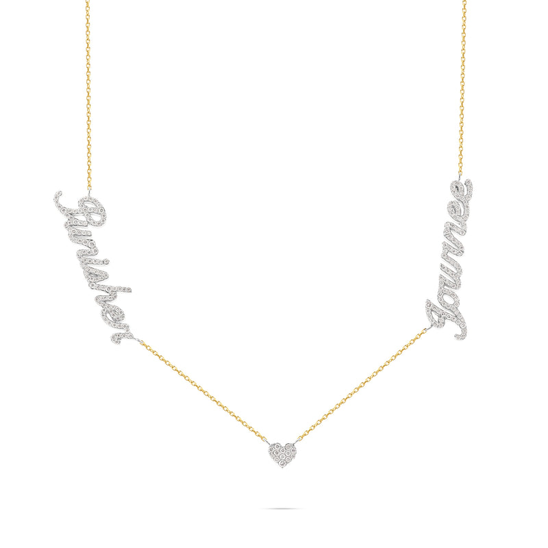 Yellow Gold and Diamond Custom 2-Name Necklace with Diamond Heart