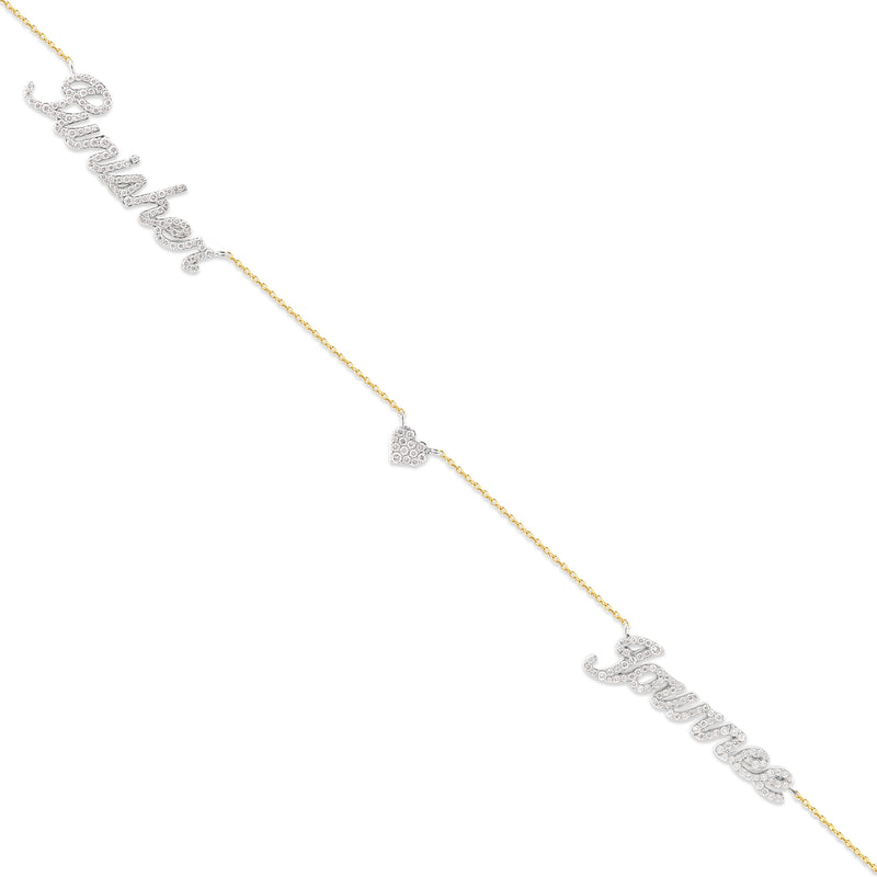 Yellow Gold and Diamond Custom 2-Name Necklace with Diamond Heart