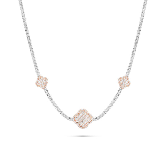 10K Two-Tone Gold Baguette and Round Diamond Clover on Tennis Chain