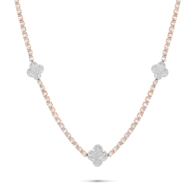 10K Two-Tone Gold Emerald and Round Diamond Clover Tennis Chain