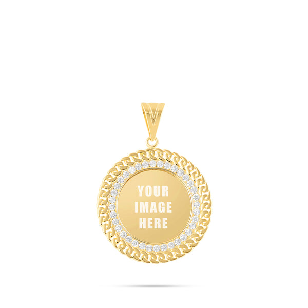 14K Gold Cuban Border Picture Pendant with Cubic Zirconia