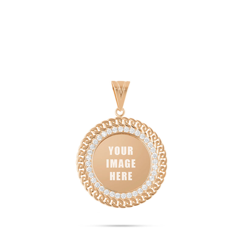 14K Gold Cuban Border Picture Pendant with Cubic Zirconia