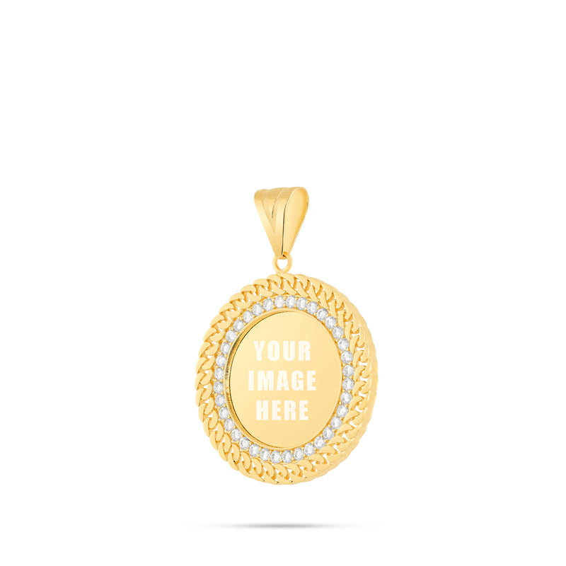 14K Gold Cuban Border Picture Pendant with Cubic Zirconia