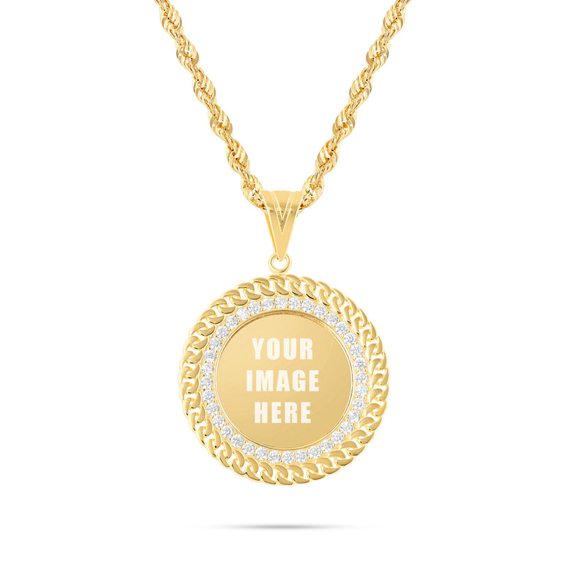 14K Gold Cuban Border Picture Pendant with Cubic Zirconia