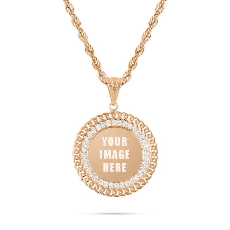 14K Gold Cuban Border Picture Pendant with Cubic Zirconia