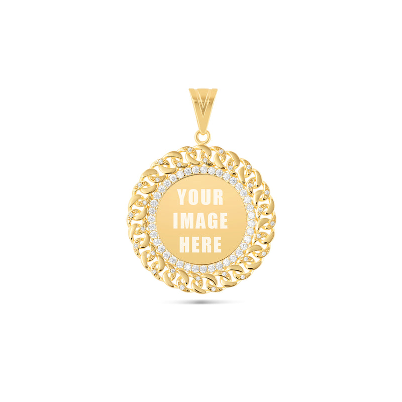 14K Gold Medium Cuban Border Picture Pendant with Cubic Zirconia