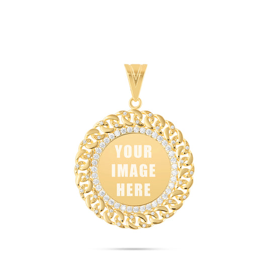 14K Gold Medium Cuban Border Picture Pendant with Cubic Zirconia