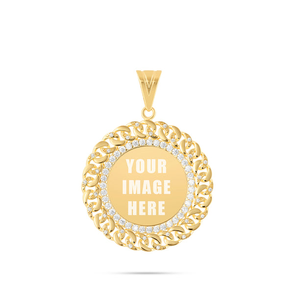 14K Gold Medium Cuban Border Picture Pendant with Cubic Zirconia