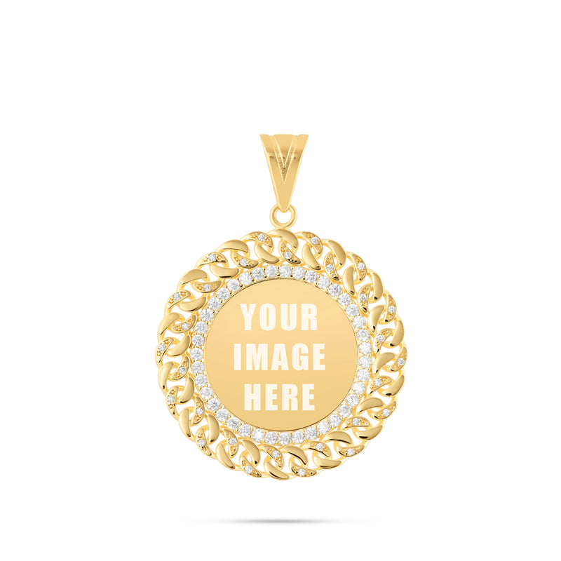 14K Gold Medium Cuban Border Picture Pendant with Cubic Zirconia