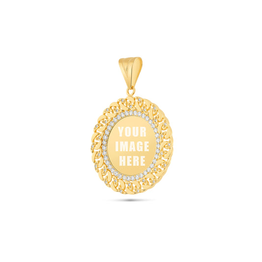 14K Gold Medium Cuban Border Picture Pendant with Cubic Zirconia