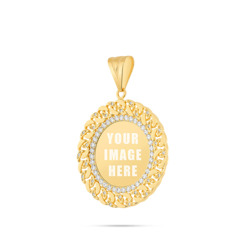 14K Gold Medium Cuban Border Picture Pendant with Cubic Zirconia
