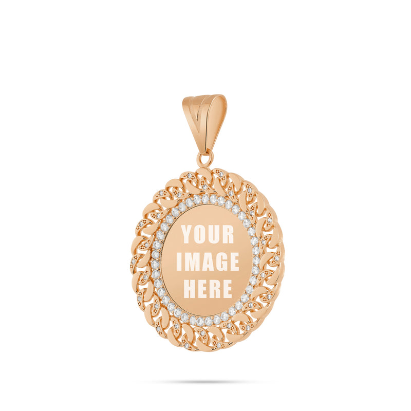 14K Gold Medium Cuban Border Picture Pendant with Cubic Zirconia