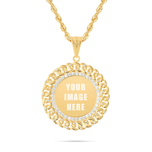 14K Gold Medium Cuban Border Picture Pendant with Cubic Zirconia