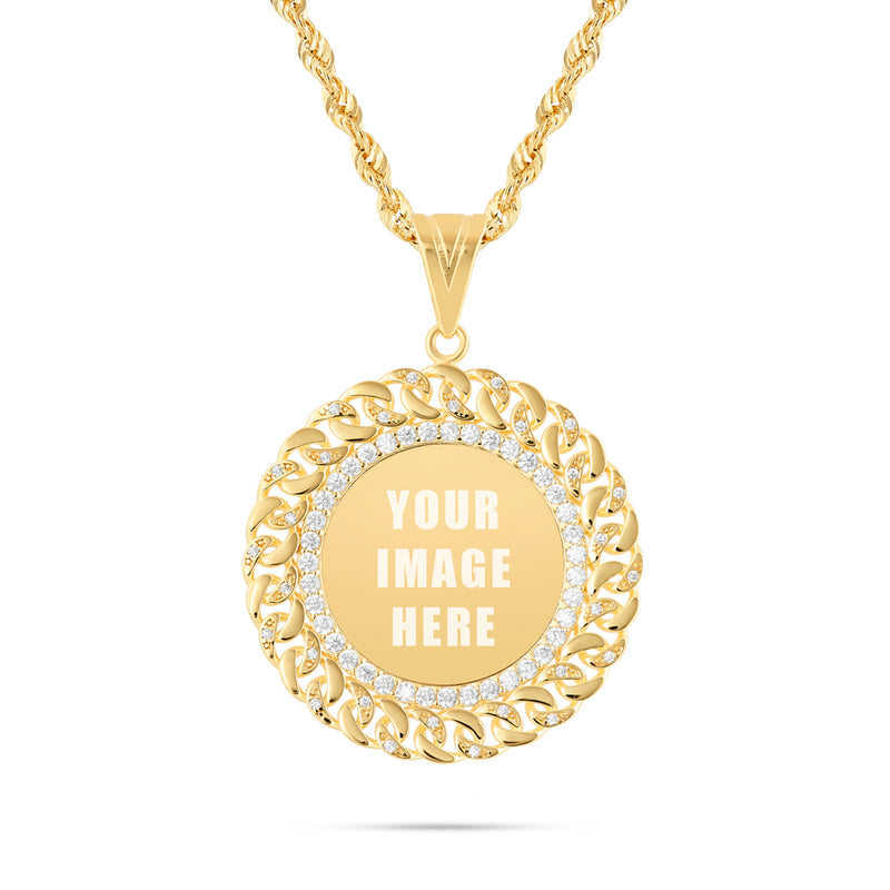 14K Gold Medium Cuban Border Picture Pendant with Cubic Zirconia
