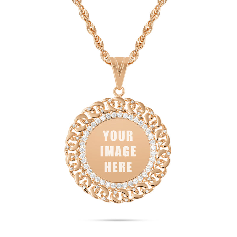 14K Gold Medium Cuban Border Picture Pendant with Cubic Zirconia